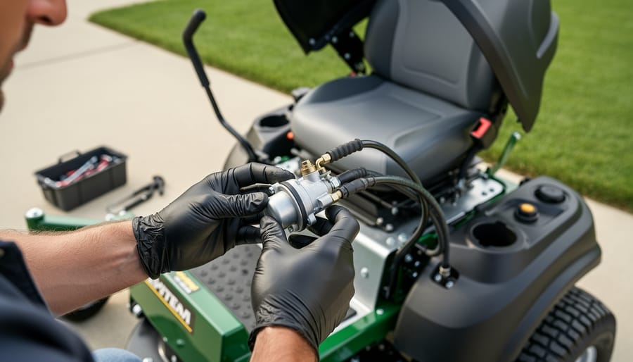 Gloved hands inspect the fuel pump and fuel lines on a zero turn mower with the seat lifted, in soft daylight, with the mower frame, deck, and toolbox blurred in the background.