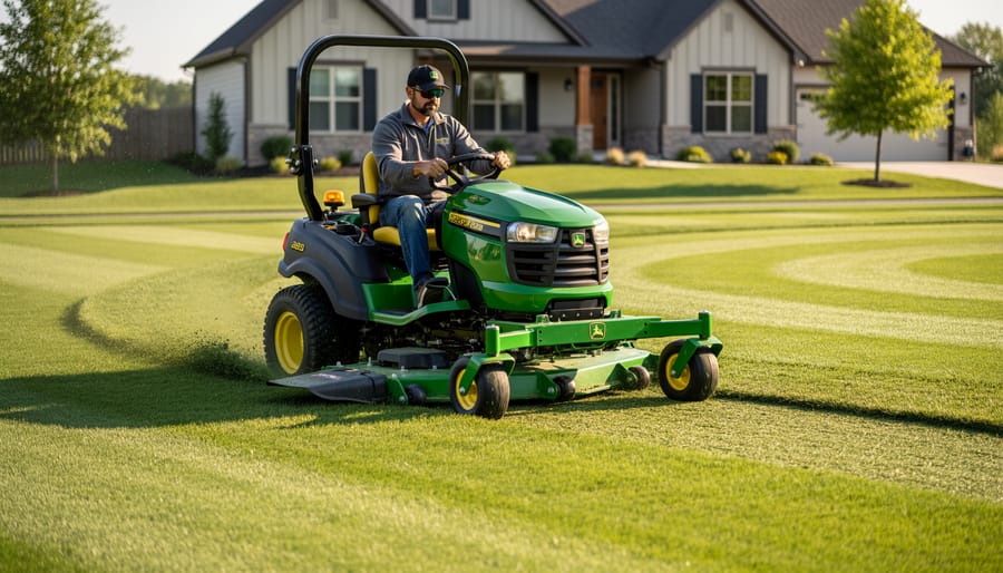 Red zero-turn mower in motion cutting grass on residential lawn