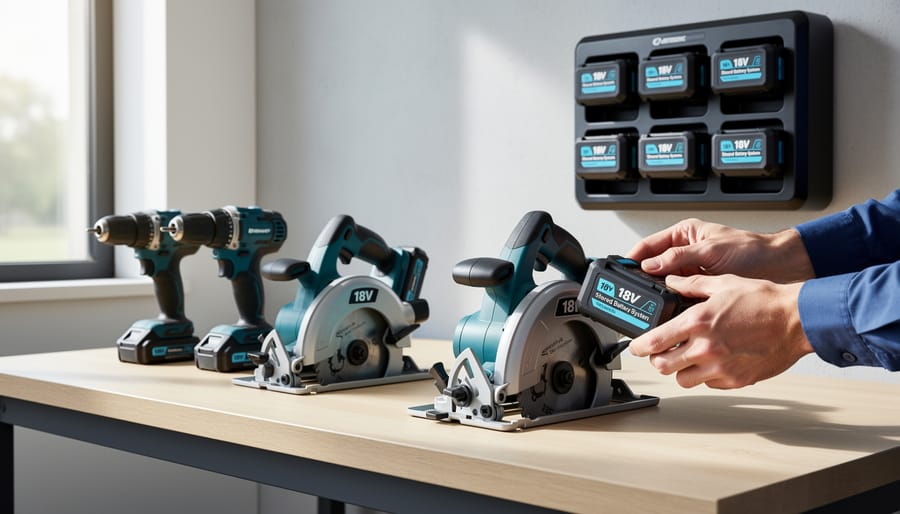 Close-up of hands inserting cordless battery packs into an electric lawn mower
