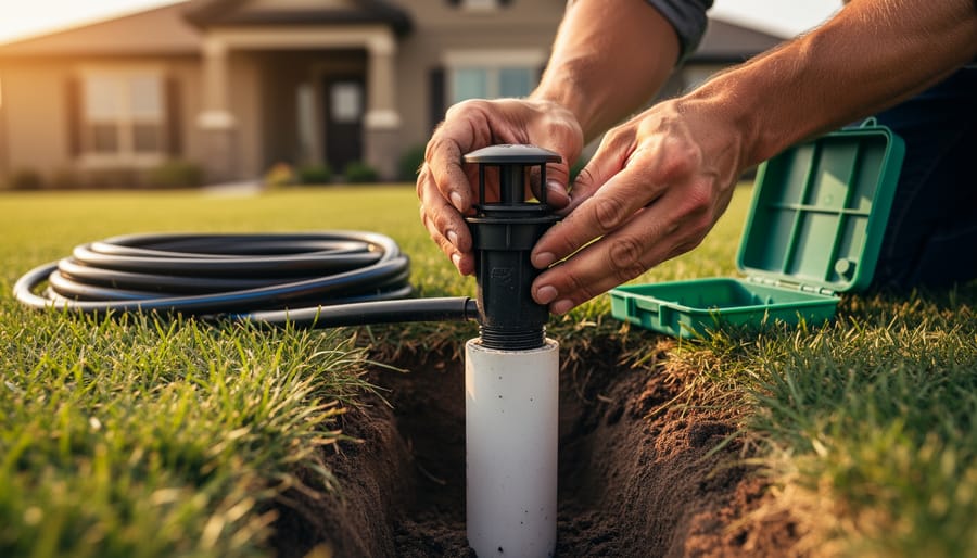 Close-up of hands attaching a pop-up rotor sprinkler head to a PVC riser in a shallow trench, with green lawn, coiled tubing, and a valve box blurred in warm evening light.