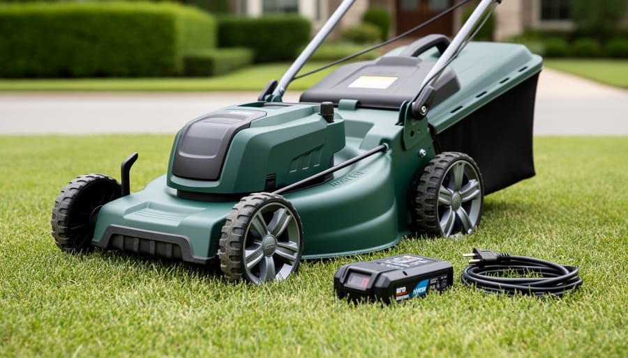 Electric cordless lawn mower on freshly cut grass with a battery pack and charging cable beside it.