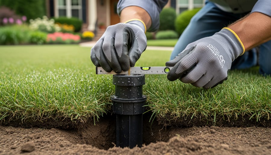 Homeowner installing pop-up sprinkler head with visible PVC pipe in lawn trench