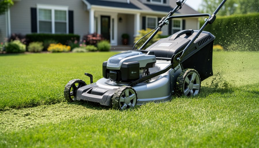 Cordless electric lawn mower mowing a neatly trimmed residential lawn in the morning sunlight