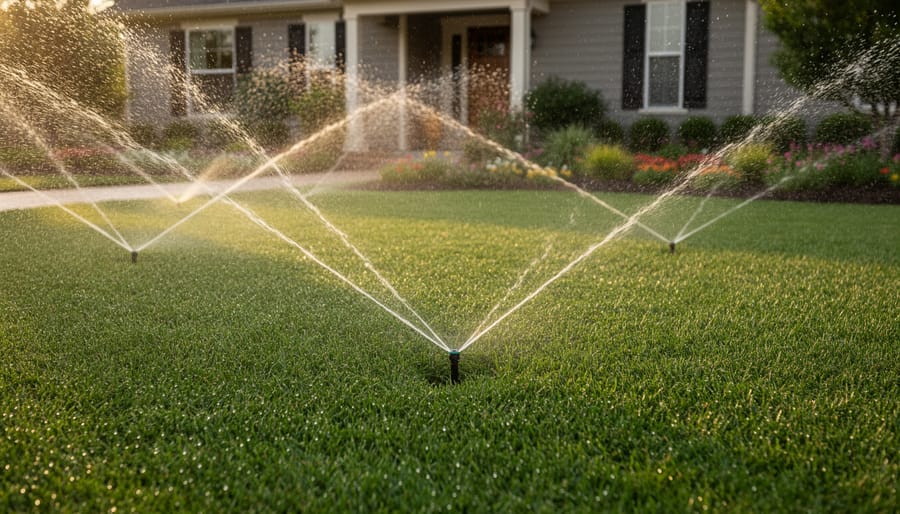 Multiple lawn sprinklers operating with water spray creating coverage pattern on green grass