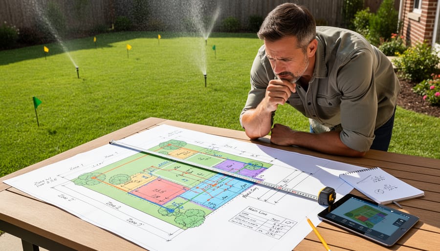 Overhead view of hands planning sprinkler system layout on graph paper with measuring tools