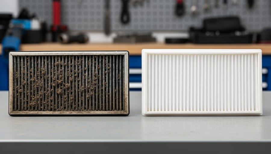 Air filter element on a workbench showing dust buildup next to a cleaner replacement filter