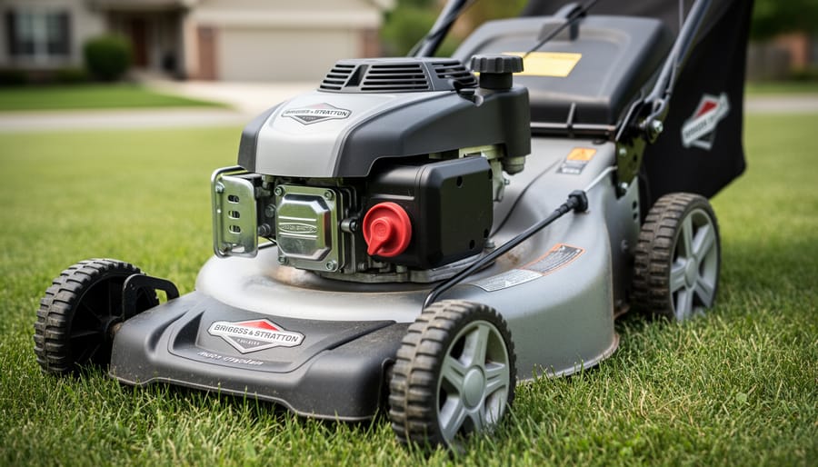 Close-up of a Briggs and Stratton lawn mower engine with the primer bulb and pull-start cord, outdoors on a lawn.