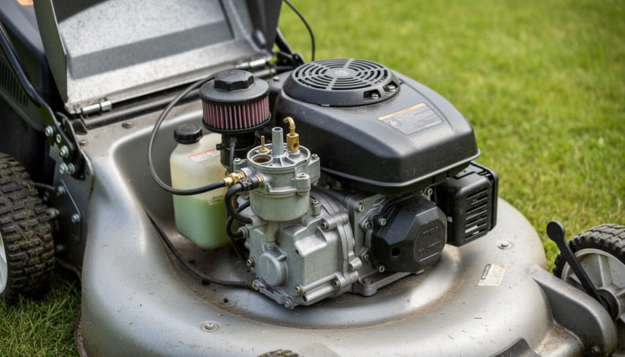 Close-up of a lawn mower Briggs and Stratton engine with the air filter area exposed for inspection