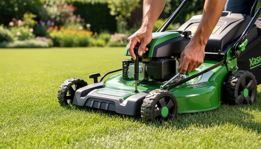 Close-up of an adjustable lawn mower deck and height adjustment lever beside a lawn