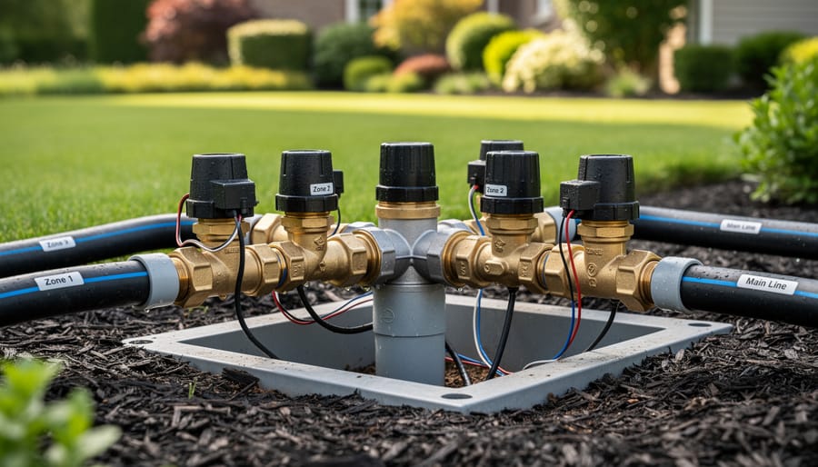 Close view of an irrigation valve manifold with solenoid valves and backflow preventer in a lawn valve box