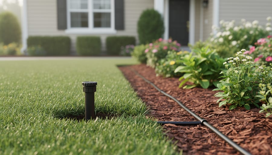 Sprinkler head and drip irrigation lines installed side-by-side in a residential lawn and mulched garden bed.