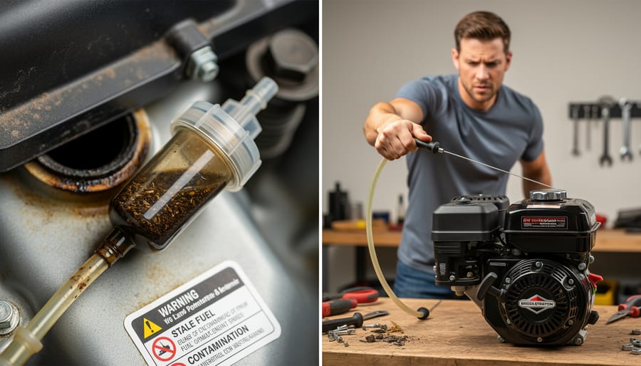 Gasoline can and fuel line components on a garage floor near a lawn mower for fuel-system inspection