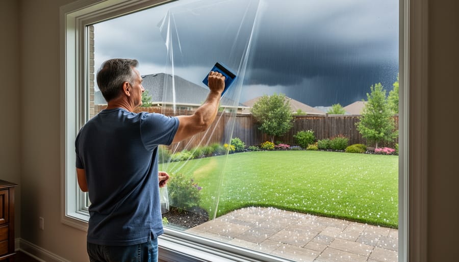 Gloved hands applying impact-resistant window film to a house window in natural daylight