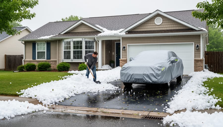 Hailstones scattered on the ground with a house window visible in the background after a storm