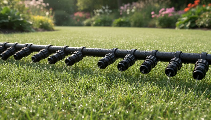 K-line irrigation pods connected by flexible tubing laid across a lawn near a garden bed