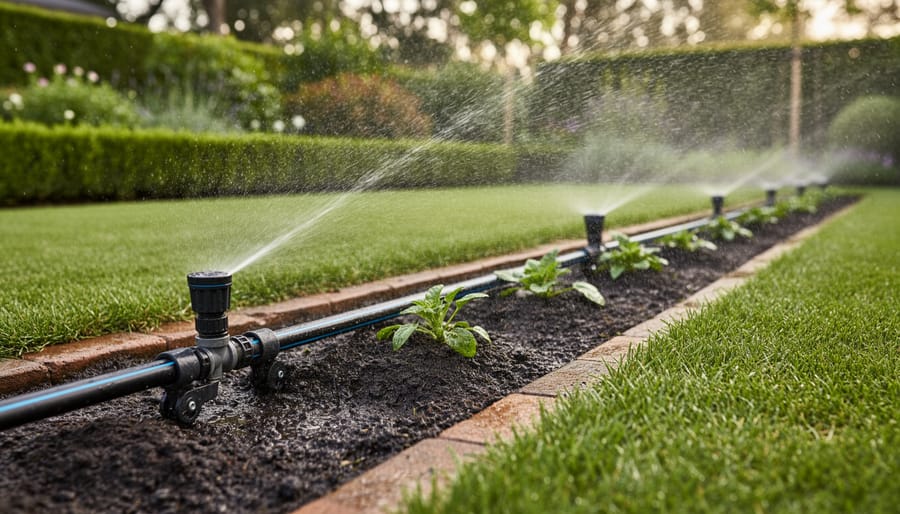 Wheeled K-line irrigation lateral with sprinkler pods spraying water over a green lawn and garden bed.