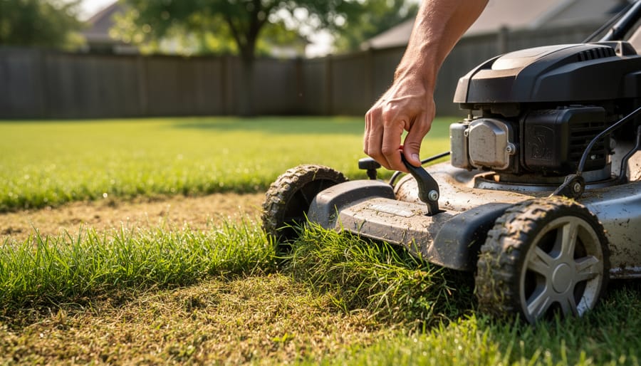 Lawn showing signs of heat stress with sunlight and watering area in the background