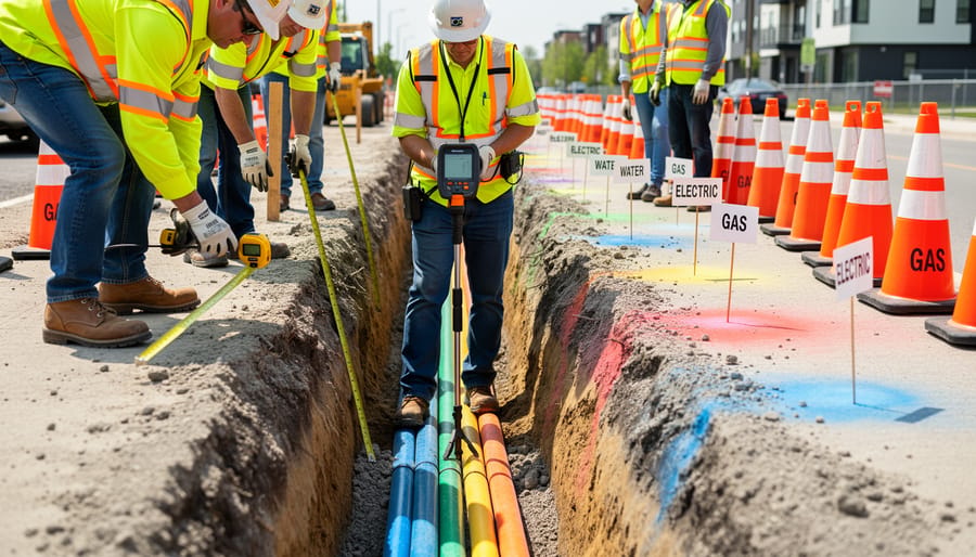 Person in gloves working in a dug irrigation trench near existing lawn piping and landscaping