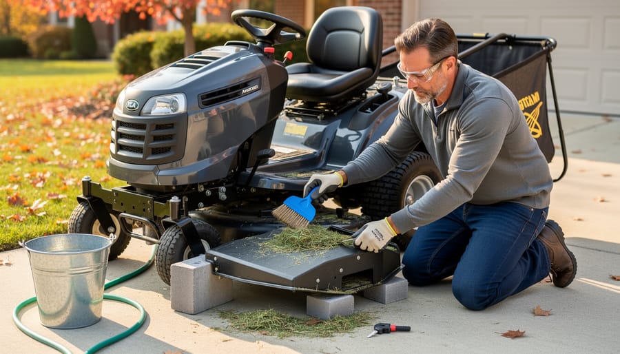 Person inspecting a zero turn mower deck and discharge area while wearing safety glasses and a high-visibility vest.