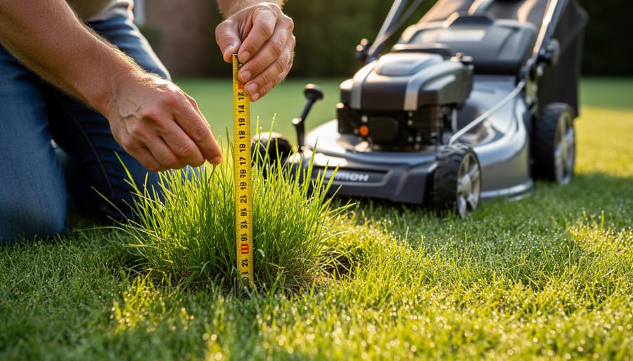 Person using a ruler to measure the height of grass blades on a lawn