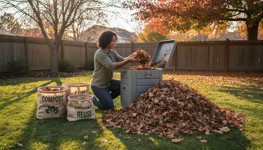 Pile of collected autumn leaves ready for composting next to a cleaned mower area.
