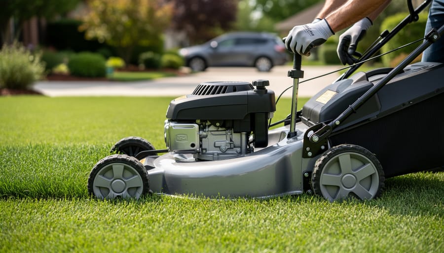 Close-up of a lawn mower deck hovering over healthy green grass with the operator adjusting mowing height for a more even cut.