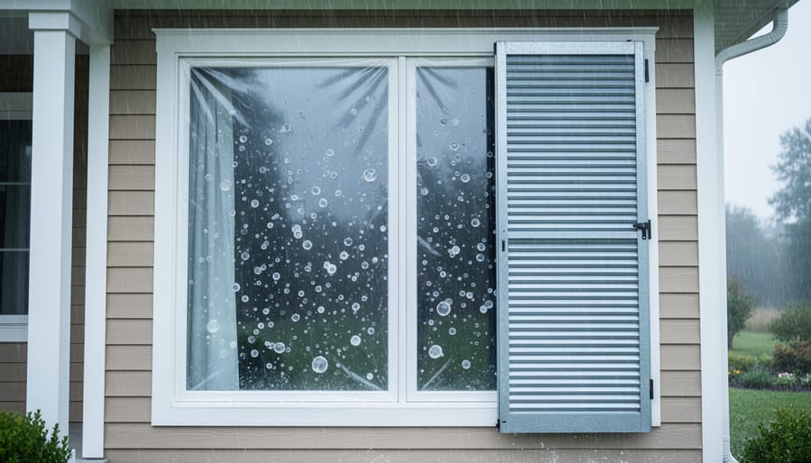 Suburban home windows under incoming hail, with storm shutters and clear impact-resistant protection visible as hailstones fall outside.