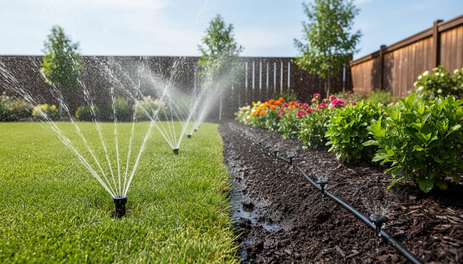 Sprinkler mist watering a lawn next to drip irrigation emitters watering a mulched garden bed