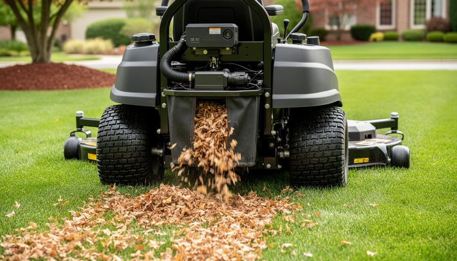 Zero turn mower with a rear bagger attachment collecting dry fallen leaves on a suburban lawn.