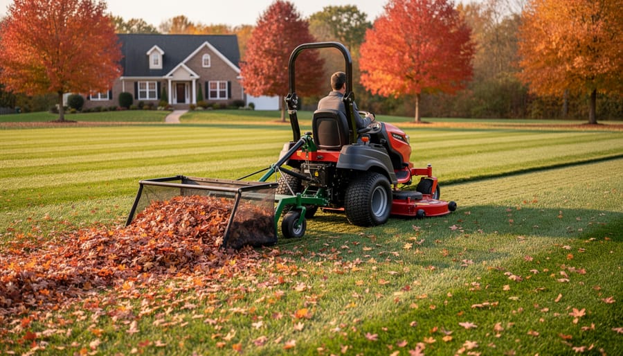 Zero turn mower towing a leaf sweeper as it gathers autumn leaves along a lawn edge.
