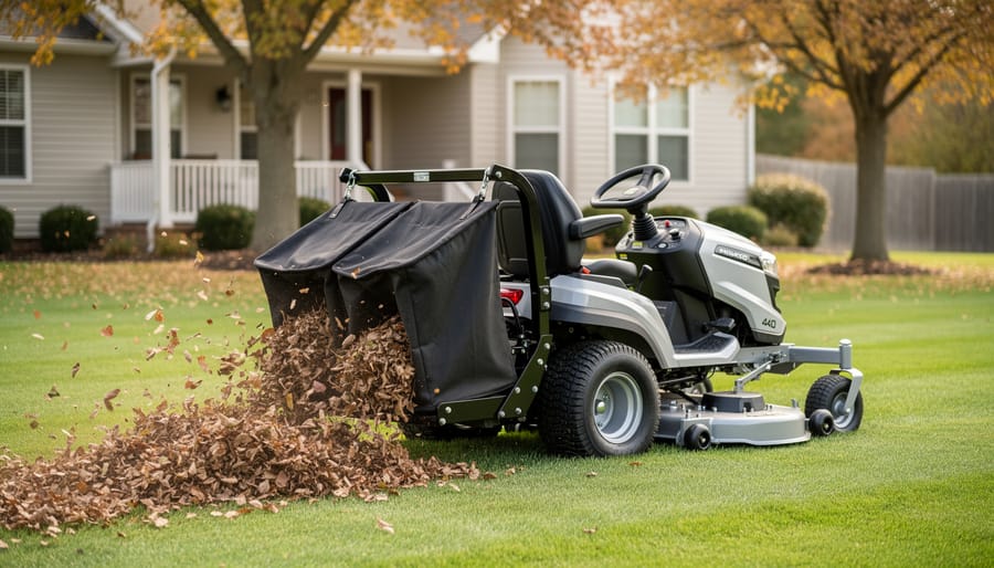 Zero turn mower with a rear bagger collecting dry autumn leaves on a residential lawn.