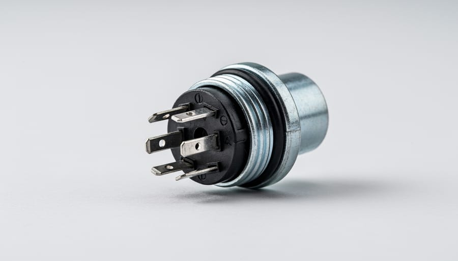 Close-up of a removed 5-prong lawn mower ignition switch with metal terminals visible