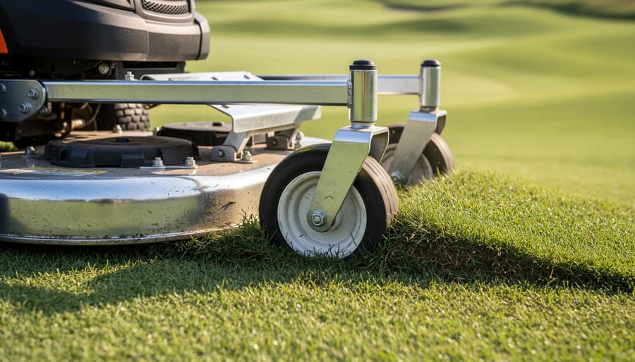 Lawn mower on uneven ground showing anti-scalp wheel clearance above soil