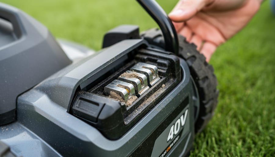 Macro view of a Ryobi-style battery pack connection and metal contact terminals on a cordless mower