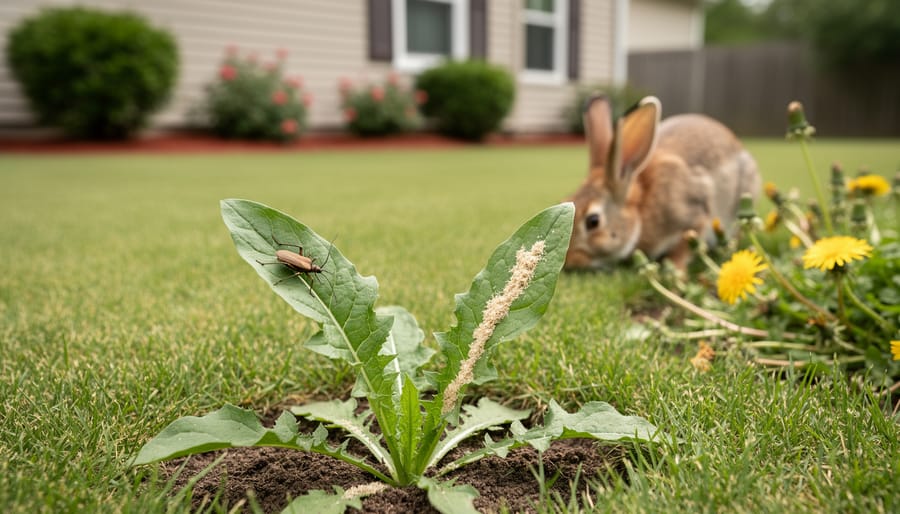 Close focus on a backyard weed leaf with a leaf-eating insect, with other subtle natural biological-control elements in an overgrown lawn patch under soft daylight.