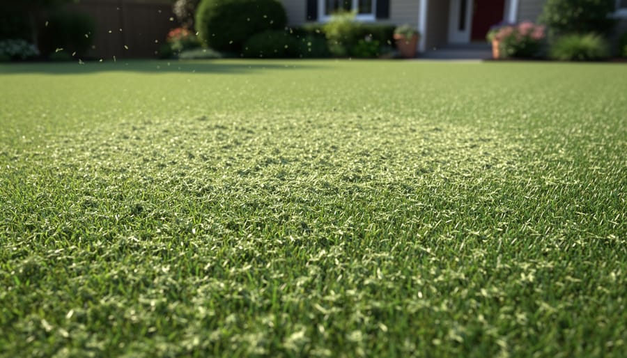 Close ground-level view of a freshly mowed lawn with finely dispersed clippings across vibrant green grass.