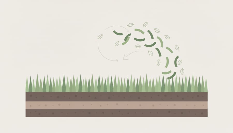 Handful of lawn grass clippings over dark soil in a garden bed, showing the concept of returning organic matter to the ground.