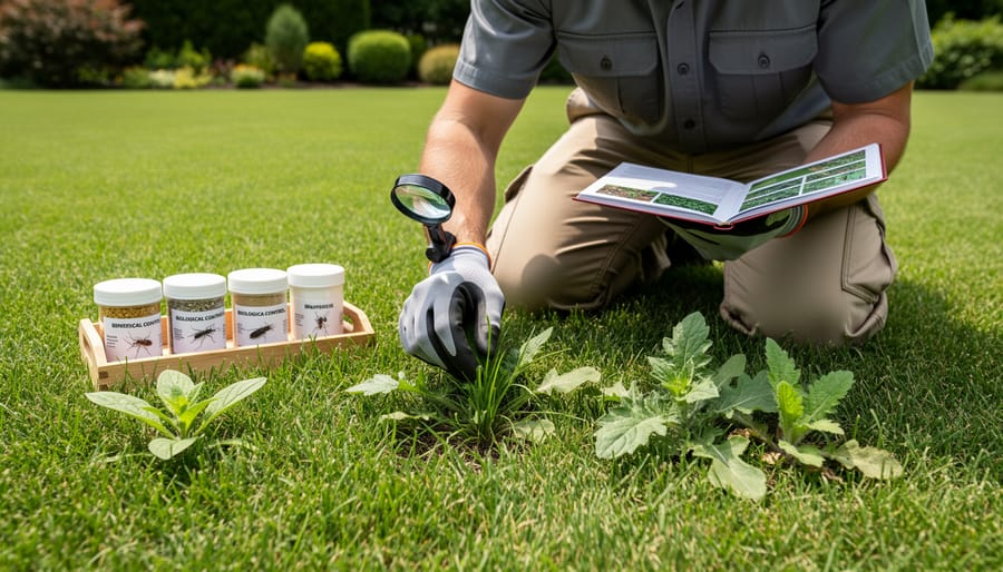 Gardener kneeling to inspect weeds in a lawn near a clover patch