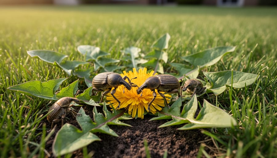 Close-up of an insect feeding on a dandelion leaf in a lawn setting