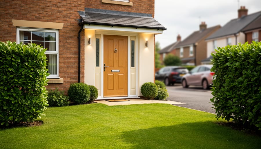 A well-maintained UK home front with a mowed lawn, trimmed hedges, and a neatly painted front door under soft daylight.