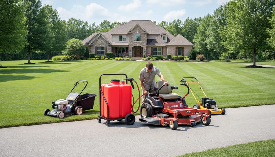 Portable fuel caddy and lawn equipment staged on a rural property near a pickup truck at golden hour.