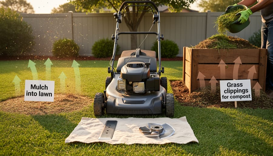 Gardener handling lawn clippings near compost and mulch-covered garden beds in warm golden light.