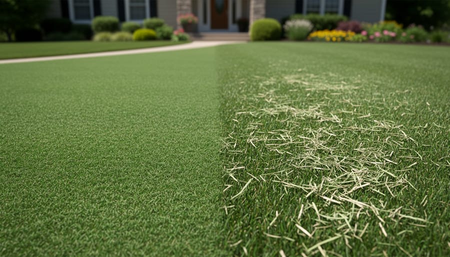 Two areas of lawn showing finer, less visible clippings in one and larger, more visible clippings in the other after mowing.