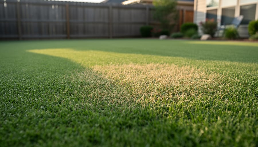 Residential lawn showing uniform mowing with slight stress on uneven ground