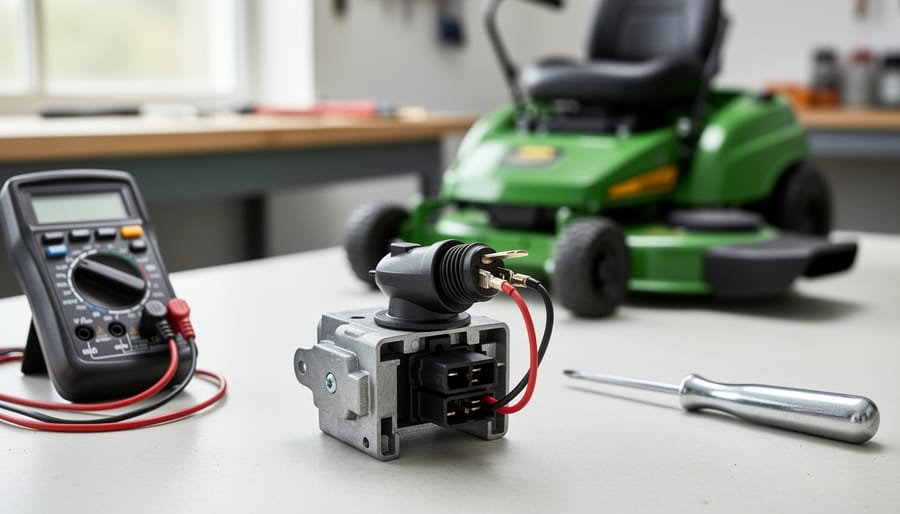 Close-up of a lawn mower 5-prong ignition switch with a digital multimeter and screwdriver on a workbench.