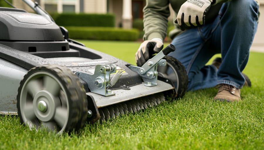 Kneeling homeowner inspecting the adjustable cutting-height deck lever and anti-scalp wheel mounts on a lawn mower next to freshly cut grass.