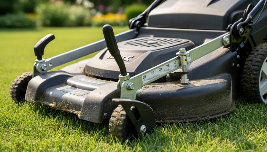 Close view of a lawn mower deck showing height adjustment lever and wheel positions