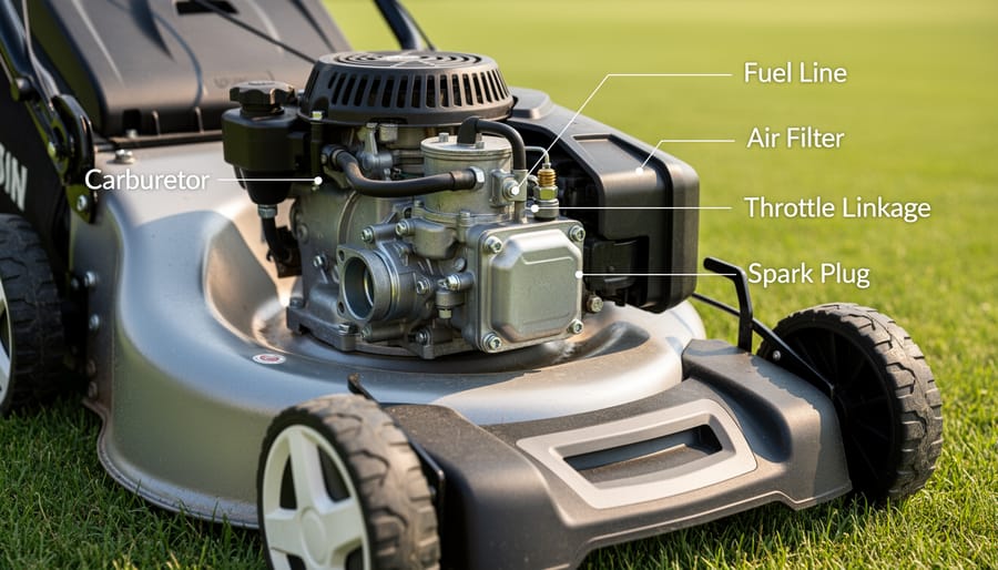 Close-up view of a lawn mower with the air filter cover removed, showing internal engine components near the carburetor intake.