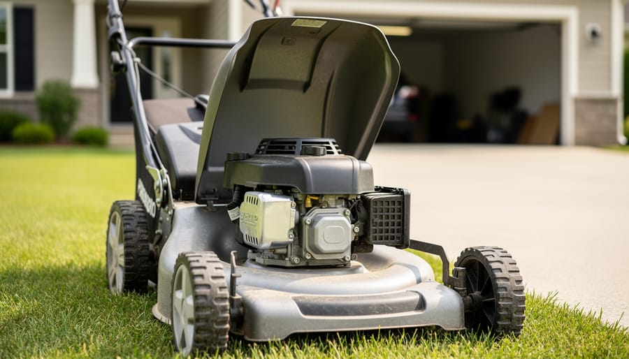 “Close-up of an opened lawn mower engine showing the carburetor and air filter housing components outdoors on a driveway with blurred grass in the background.”