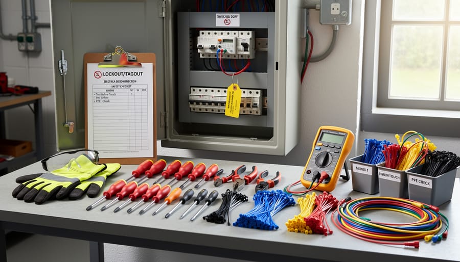 Lawn mower control panel area on a workbench with tools and disconnected spark plug wire